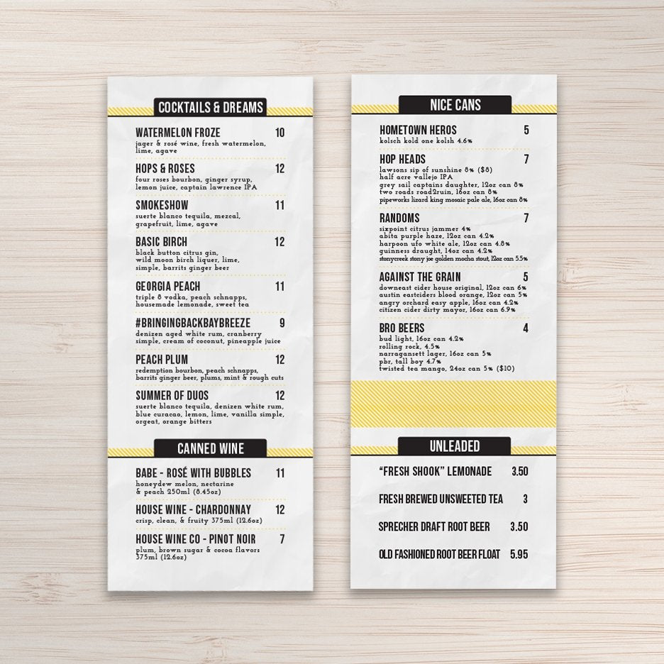 Waterproof Flat Table Menus 6 x 15