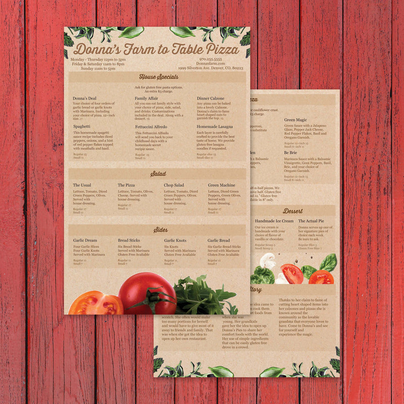 Farm to Table Pizza Menu Template 11" x 17"