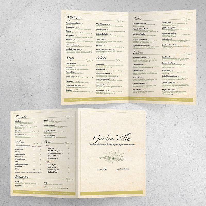 Italian Garden Menu Template 12" x 18" Bi-Fold
