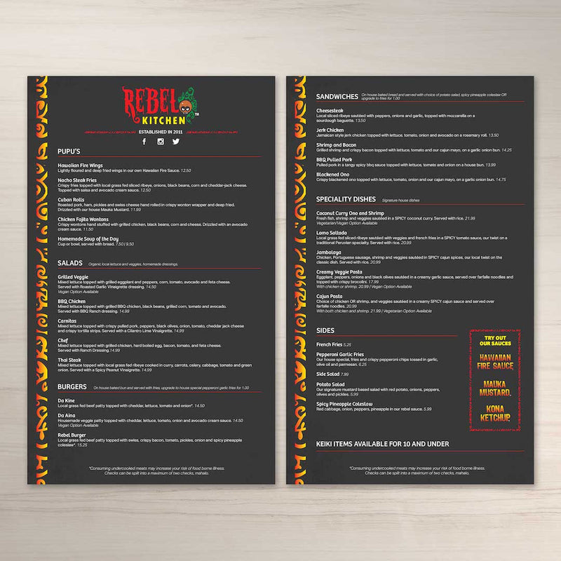 Waterproof Flat Table Menus 8.5" x 14”