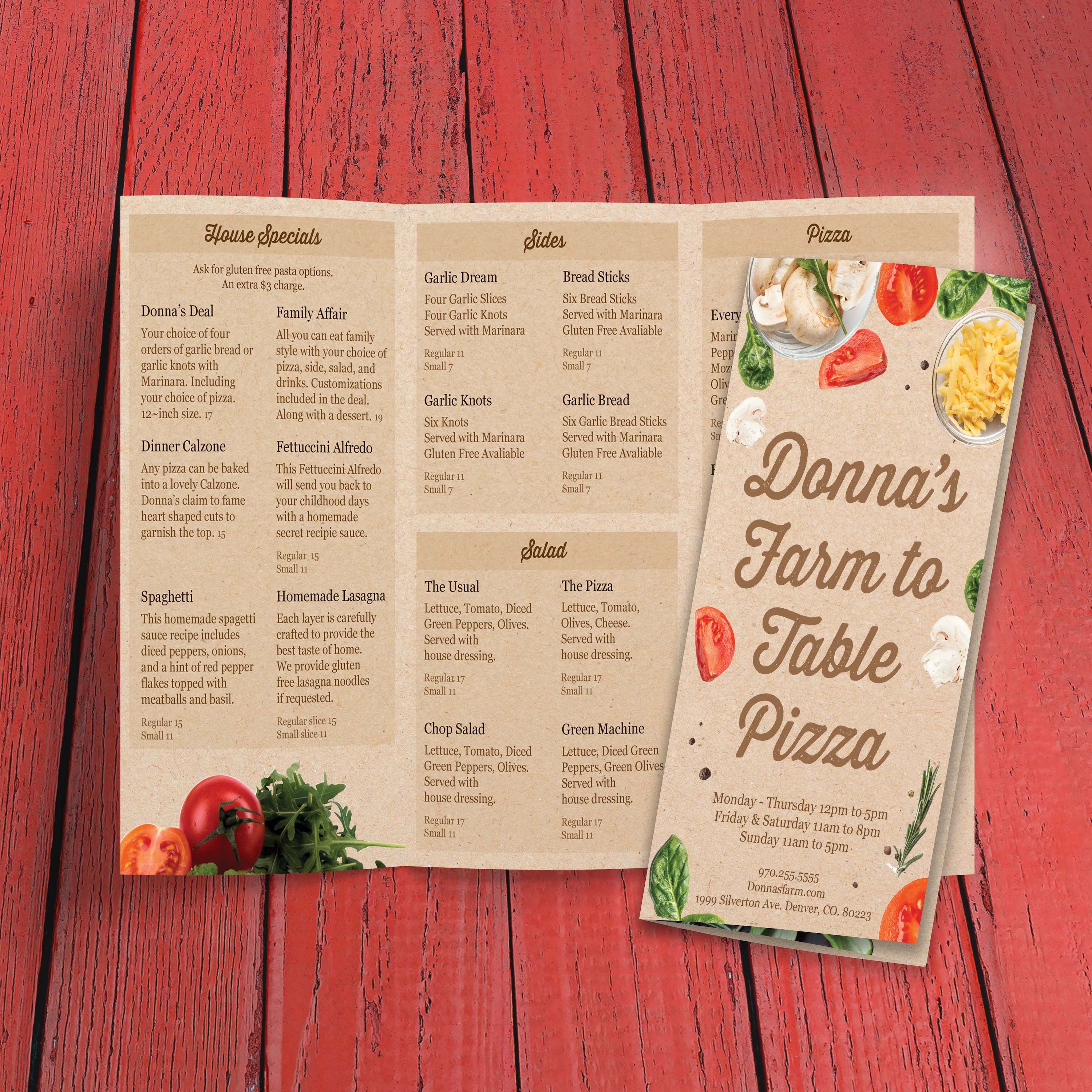 Farm to Table Pizza Menu Template 8.5" x 14" Tri-Fold - TerraSlate Inc.